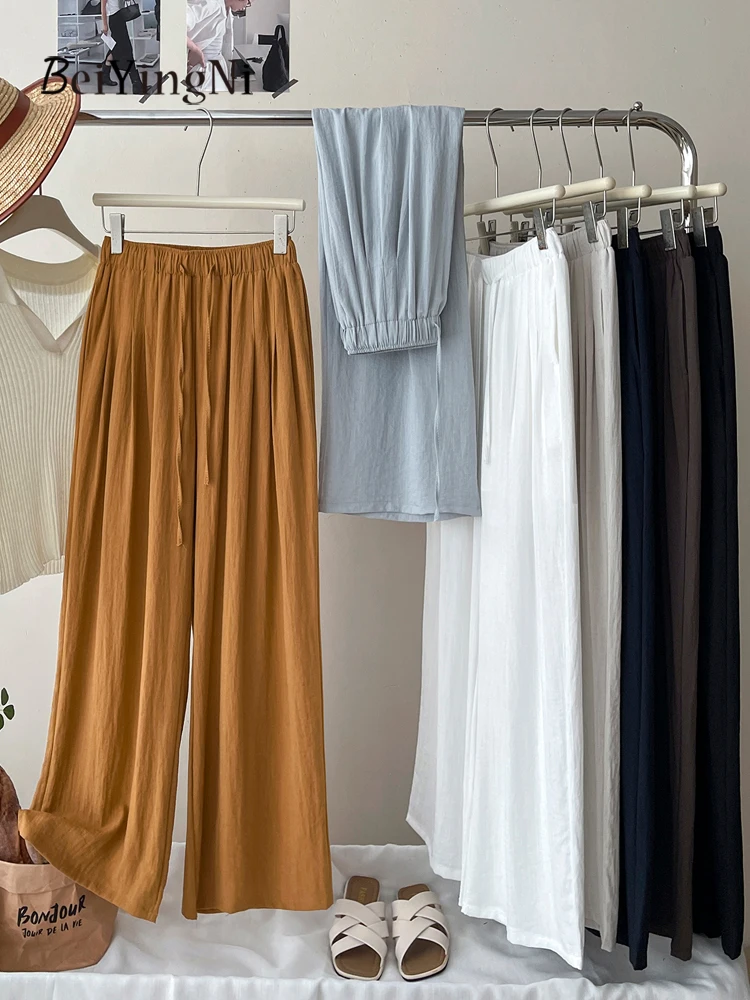 

Beiyingni Women's Summer Wide Leg Pants Korean Style Loose Female High Waist Pants Plain Pleated Holiday Casual Street Trousers