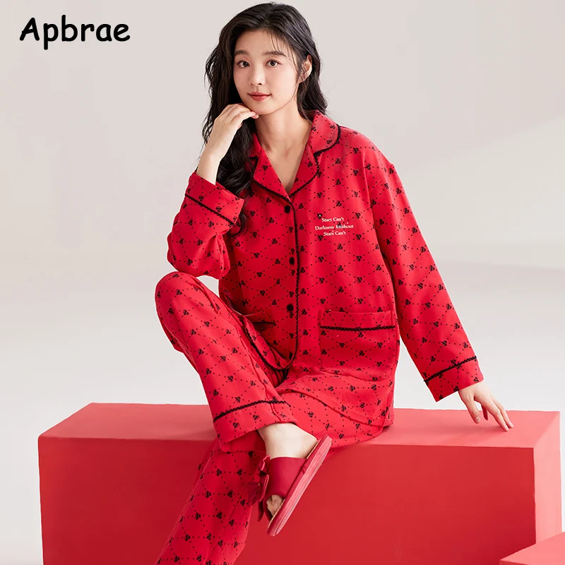 Heart Print Red Pajamas for Women Autumn Winter Long Sleeves Cotton Pijamas Woman Nightwear Lapel Cardigan Sleepwear