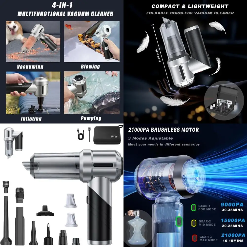 

Portable 21000PA Cordless Vacuum Cleaner with 4-in-1 Functions: Dusting, Blowing, Vacuuming, and Inflating - Ideal for Car, Home
