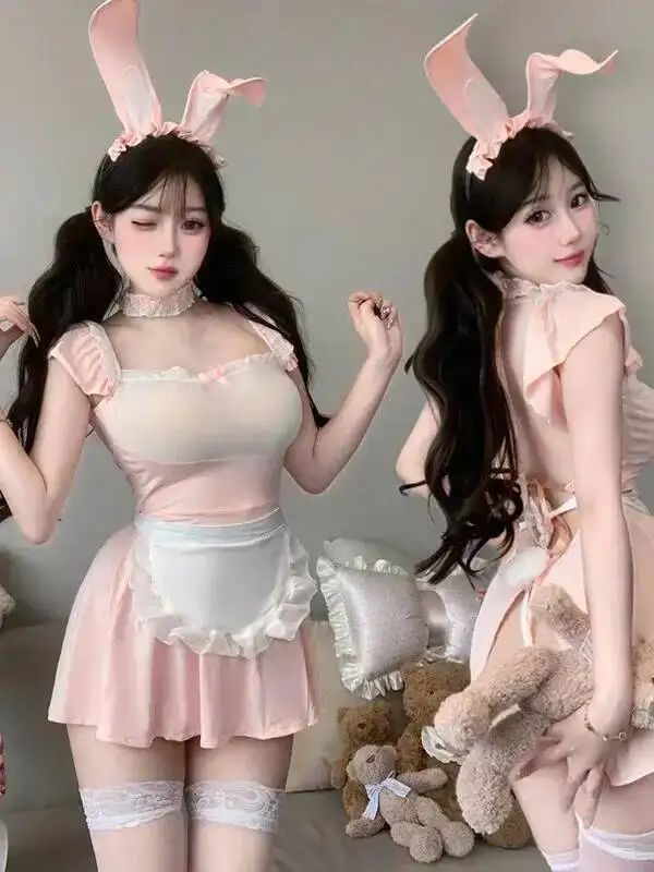 Sexy puro deseo estilo encaje transparente uniforme de sirvienta caliente chica conejito vestido elegante rosa dulce Mini vestido dulce Tops QPH8