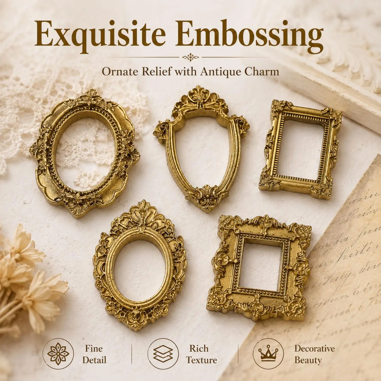 5/20Pcs Vintage Golden Mini Relief Photo Frame Decorations Wall Mounted Display DIY Christmas Journal Ornaments Picture Frames