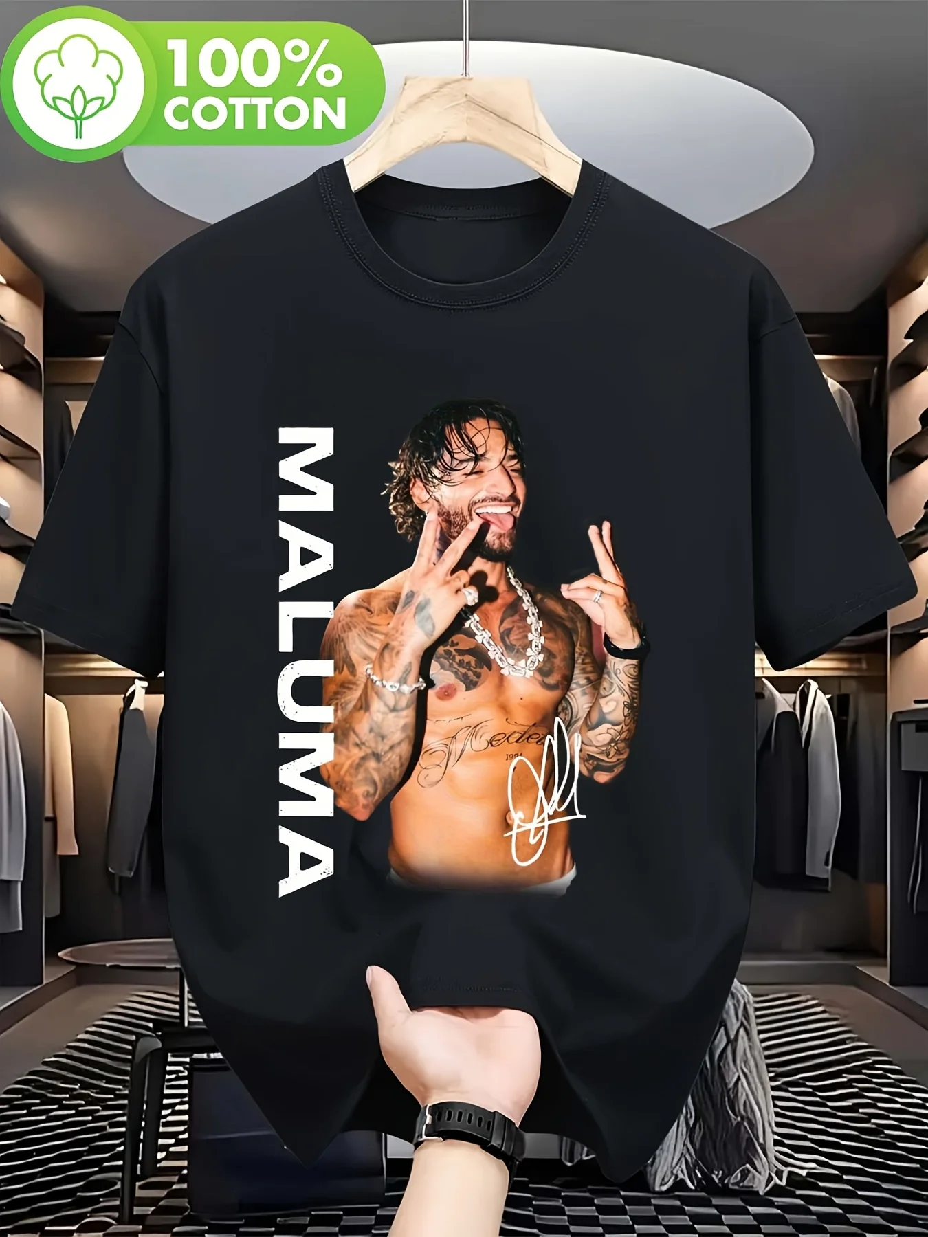Unisex 100% T-Shirt Featuring Maluma's Signature Autograph for Both Men and Women, Soft and Suitable for All Seasons, a Casual Streetwear Essential That Matches Any Outfit