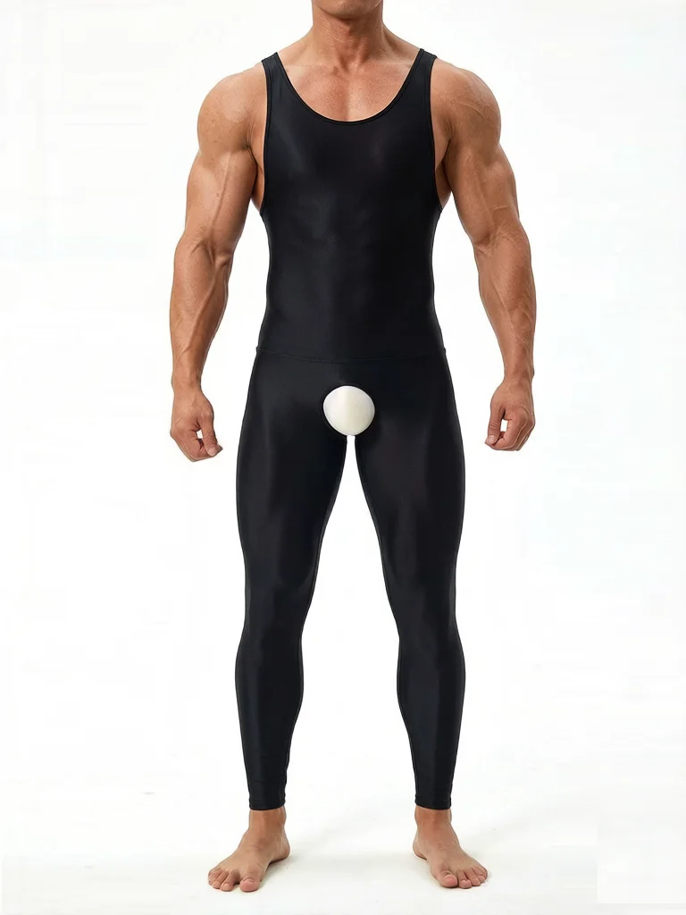 Men's Crotchless Jumpsuit Satin Oil Glossy Shiny Bodysuit Sexy Sheer See Through Unisex Yoga Tights High Elastic Leotard Shapers