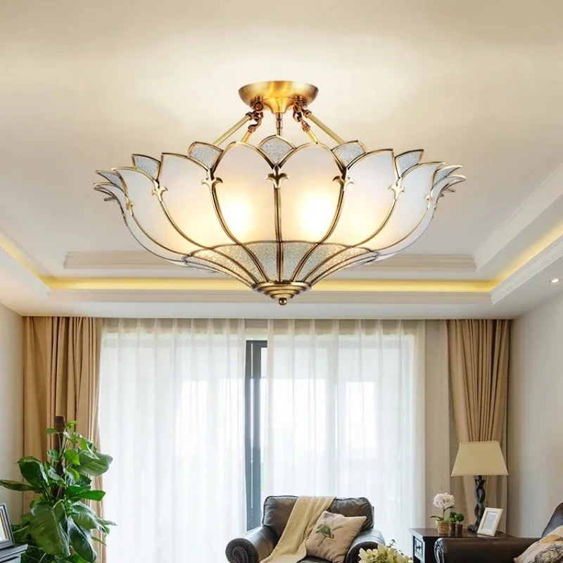 

American All Copper Glass Pendent Lamp Designer Living Room Bedroom Hall Retro Luxury LED Flower Ceiling Light Indoor Lighting