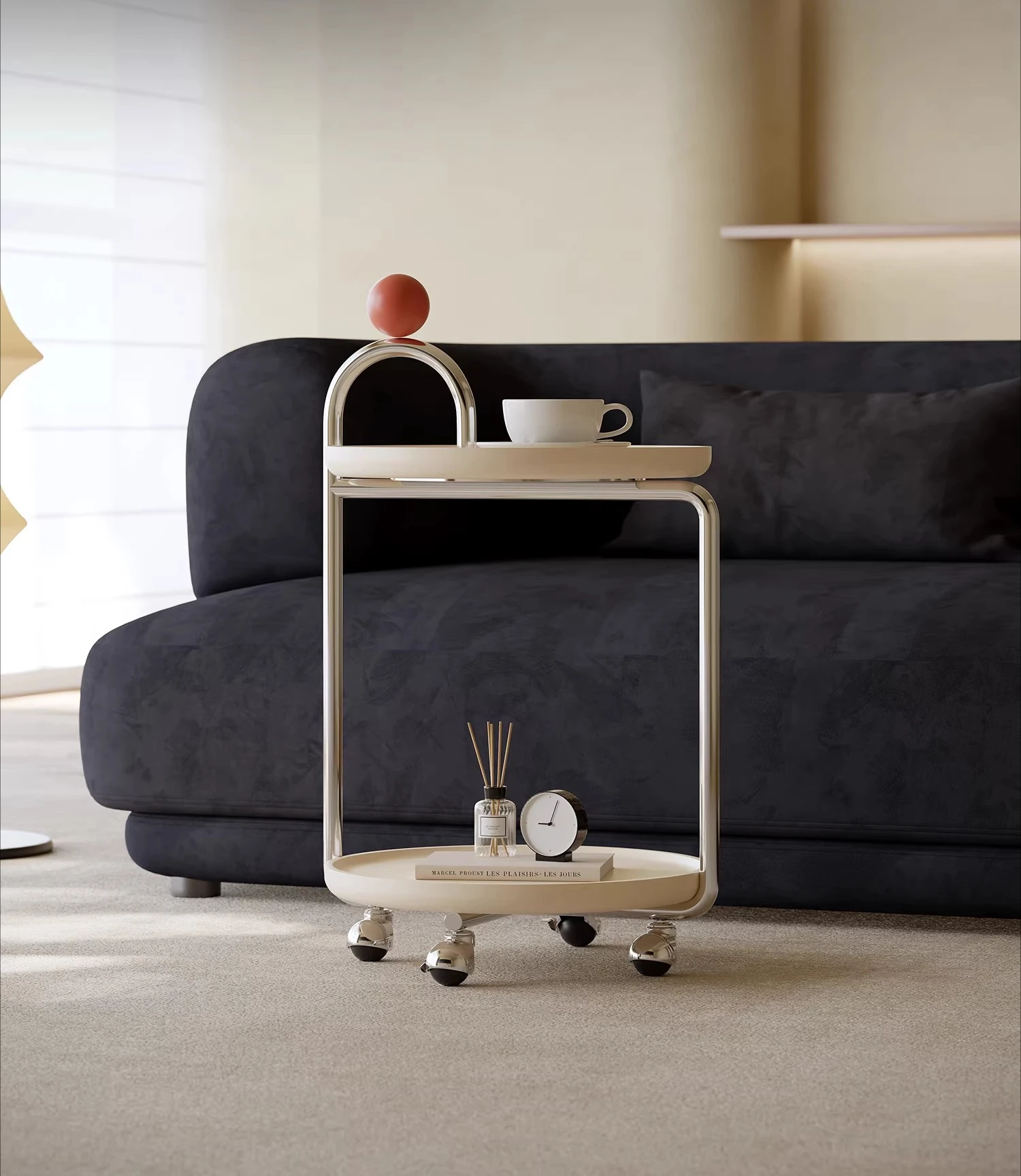 Cream wind trolley side few movable pulley light luxury high sense stainless steel designer living room sofa corner few
