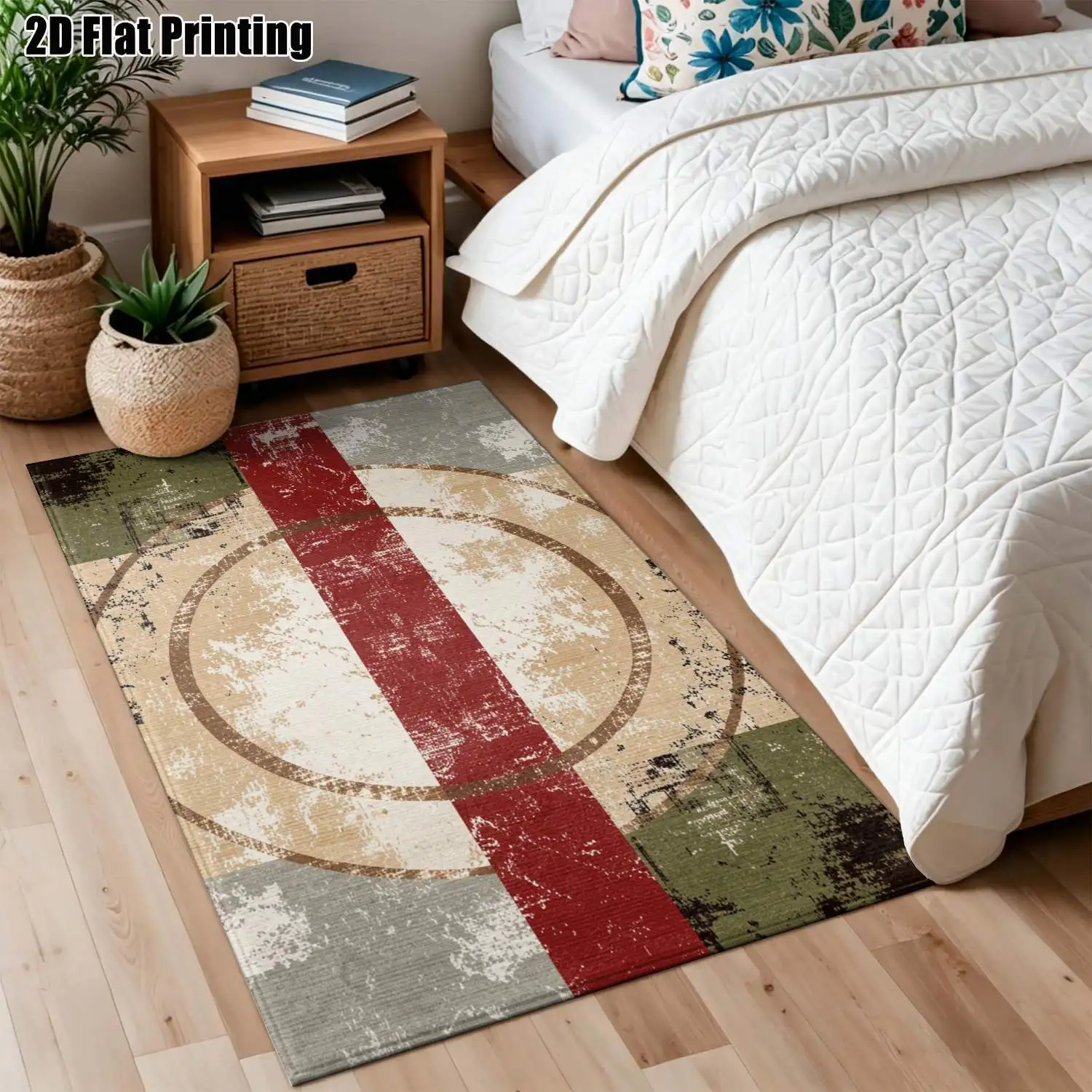 1Pc 2D Printed Retro Red Green Geometric Pattern Carpet: Nordic/Modern Minimalist/European Style, Machine Washable, Multi-Size, for Home Decor, Entrance, Living Room, Bedroom, Dining Room, Foyer
