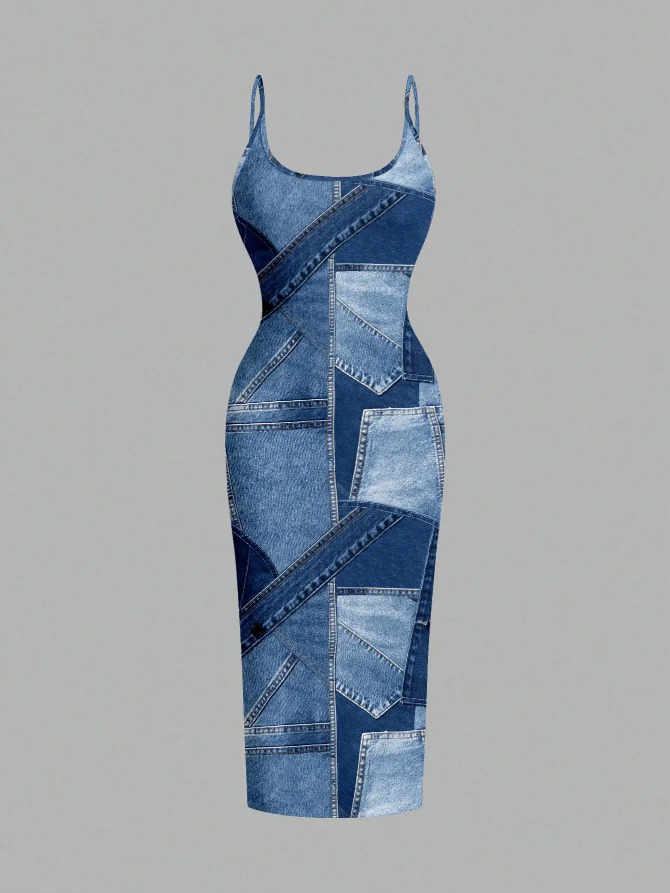 

Denim Patchwork Style Slim Fit Spaghetti Strap Midi Dress For Summer Casual Outing Wear