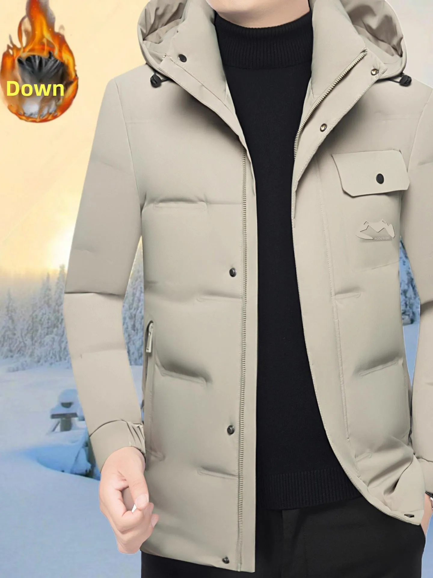 

Men's Thiened White Du down Hooded Jaet Winter Warm Faionable Mid-aged Men's Outerwear Lightweight Luxury Coat