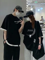 男性と女性のためのムーンプリントTシャツ,ルーズなストリートウェア,コットン,半袖トップ,カップル服,夏,240g, 2024