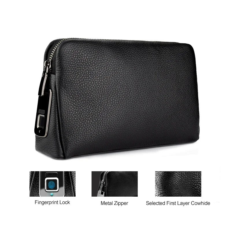 

z Genuine Leather Men's Fingerprint Lock Men Fasion Handbags Clutch With Organizer Inside