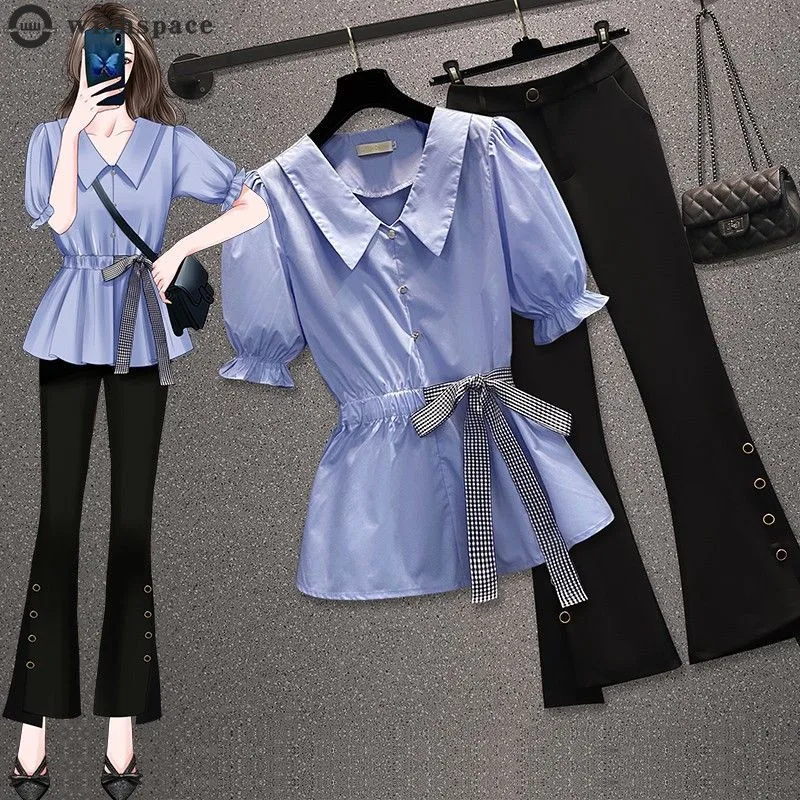 Korean Women's Suit 2022 Spring and Summer New Fat Sister Fashion French Waist Closing Shirt Top Micro Flare Pants Two-piece Set