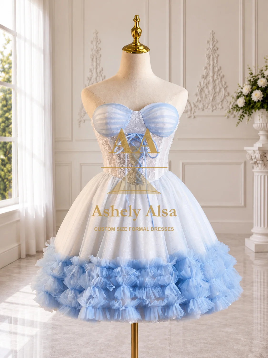 Light Blue Sweetheart Party Dress with Lace Corset Ribbon Front Detail and Layered Ruffle Mini Skirt for Formal Events