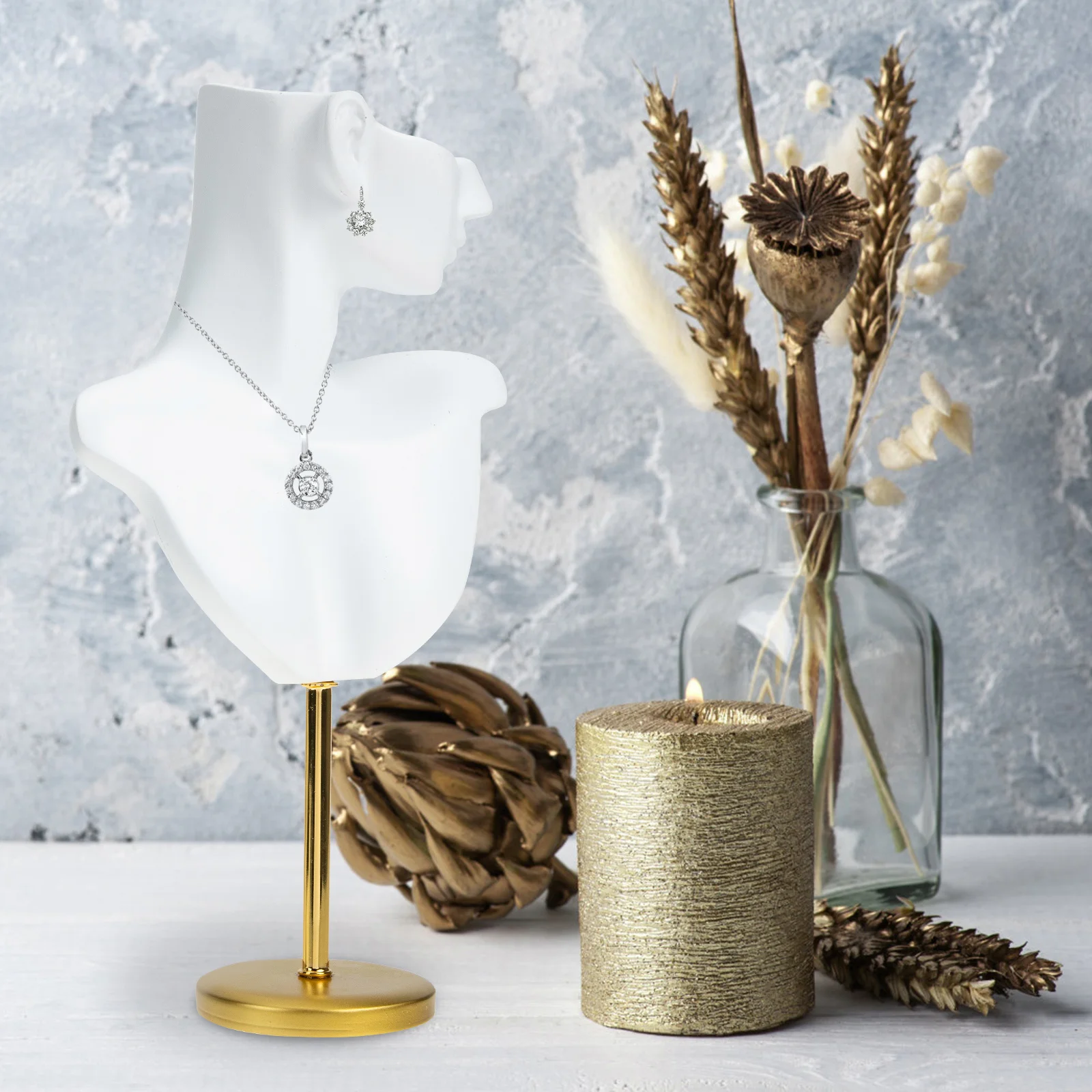 

Metal Base Jewelry Display Resin Necklace Bust Holder Small Earring Display Stand for Counters Earring Bust Displays
