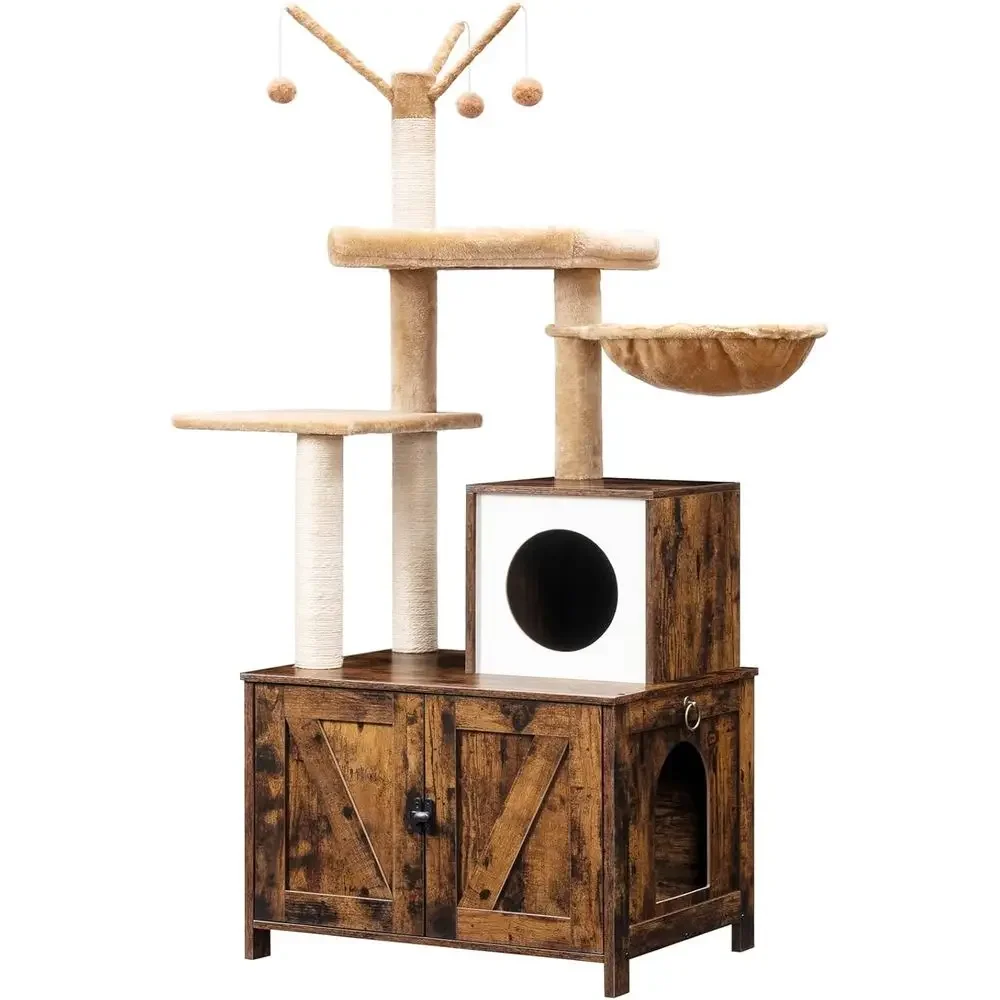 

Rustic Brown Wooden Cat Tree with Integrated Litter Box and Scratching PostsTime-limited