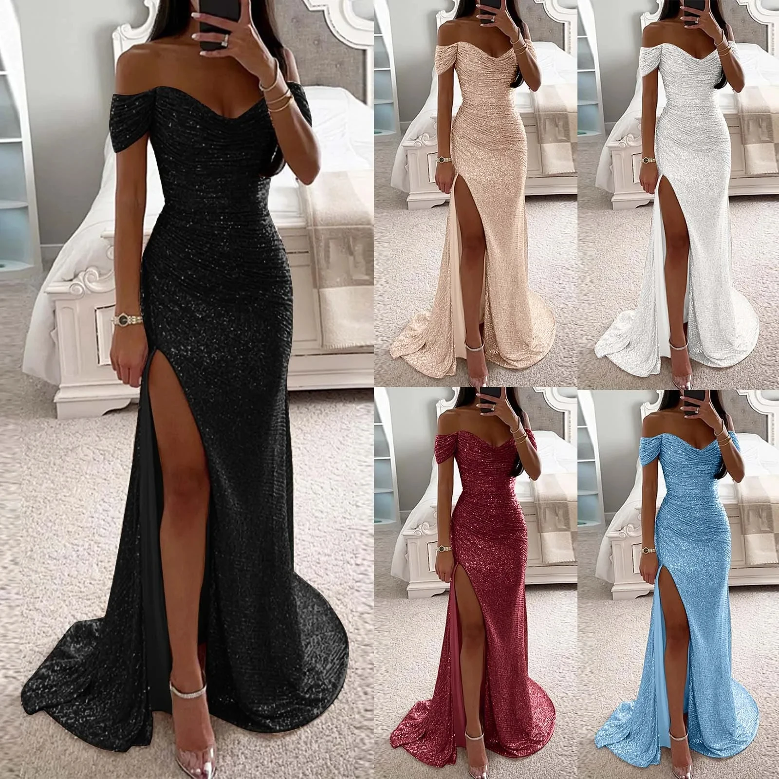 Maxivestidos de noche elegantes y elegantes para mujer, vestidos formales de sirena con lentejuelas y hombros descubiertos para fiesta, vestido de