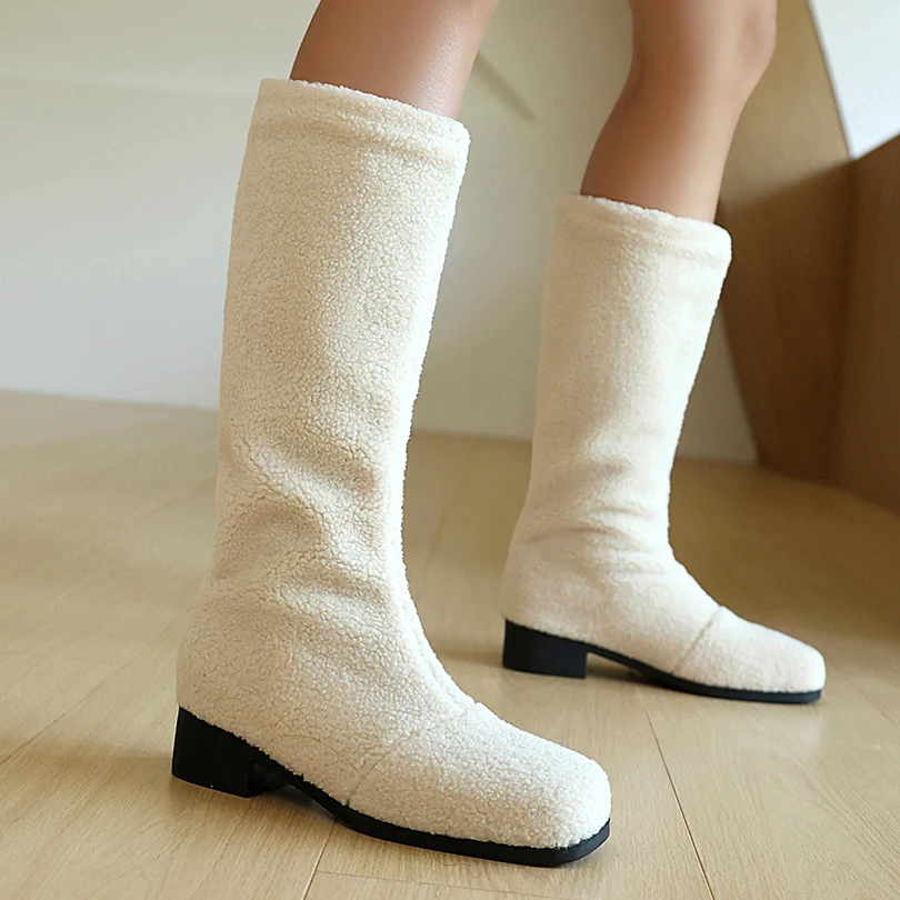 Artificial Lamb Wool Camel Concise Style Slip-On Knee High Boots With Square Toe Thick Heel Plush Lining And Warm High Boots