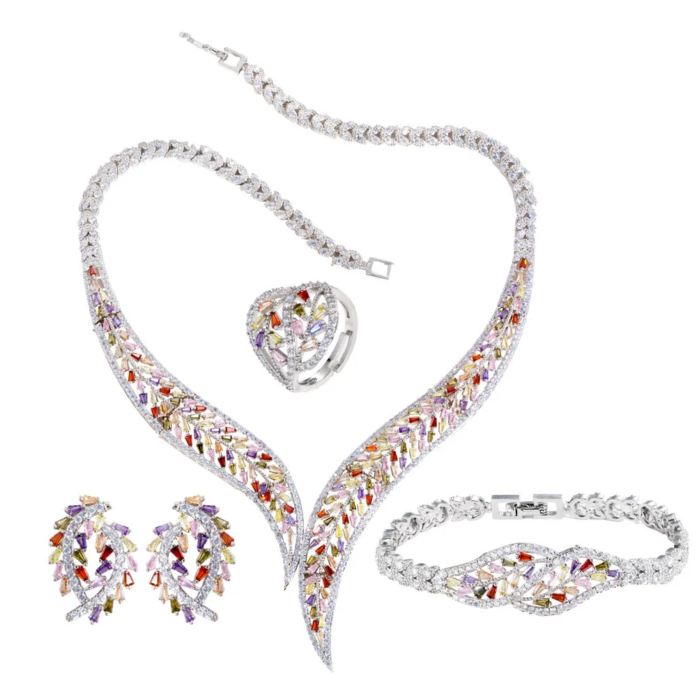 4Pcs Multicolor Bling Cubic Zirconia Pave Setting Big Leaf Shape Women Wedding Bridal Necklace Luxury Jewelry Sets Women T0853