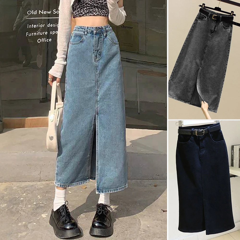 

Mia Muse Boutique Denim Slit Natural Waist Midi Casual SkirtsFor Women Skirts Summer K-Fashion Basics