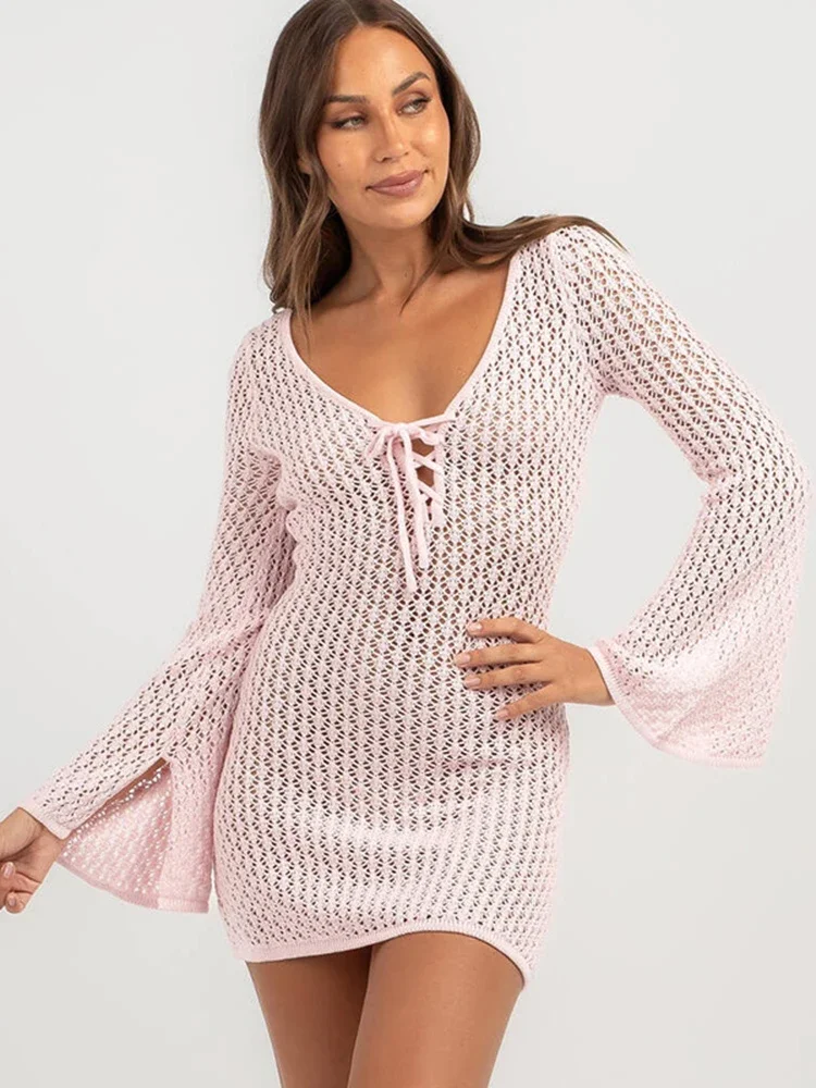 2025 new Solid Bikini Cover-Ups Women Beach Cover Up Long Sleeve Lace Up Summer Fashion See Through Vacation Female Beachwear
