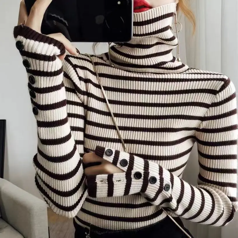 Turtleneck Autumn Winter Basic Style Striped Inside Tops Cuffs Button Decoration Slim Women\'s Clothing Korean Trend Pullovers