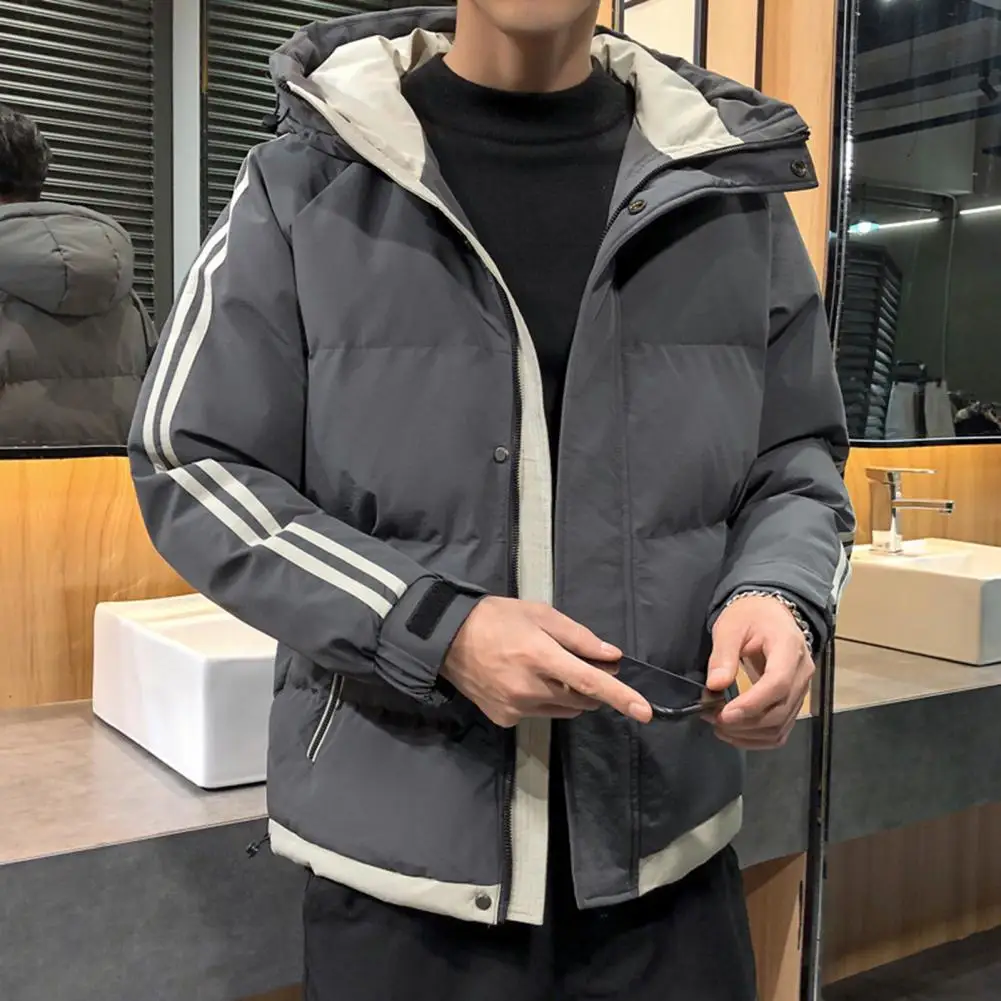 Jaket Katun Berkerudung Pria Jaket Berlapis Tahan Angin Jaket Katun Berkerudung Tahan Angin untuk Pria dengan Desain Patchwork Warna Lengan Panjang