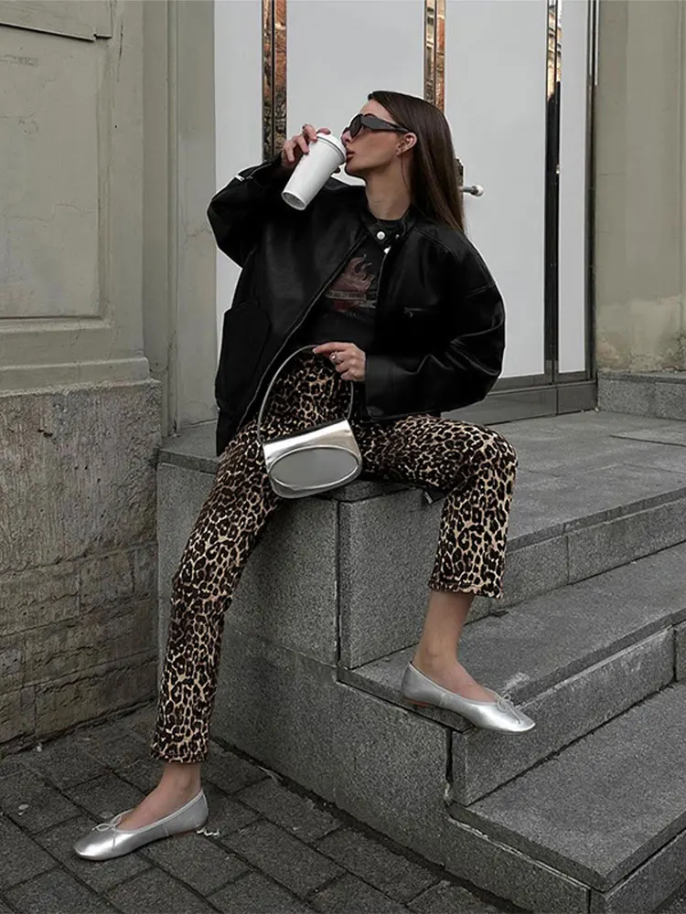 Leopard Print High Waist Zipper Pencil Pants Women Fashion Button Casual Long Pants 2024 New Elegant Lady High Street Trousers