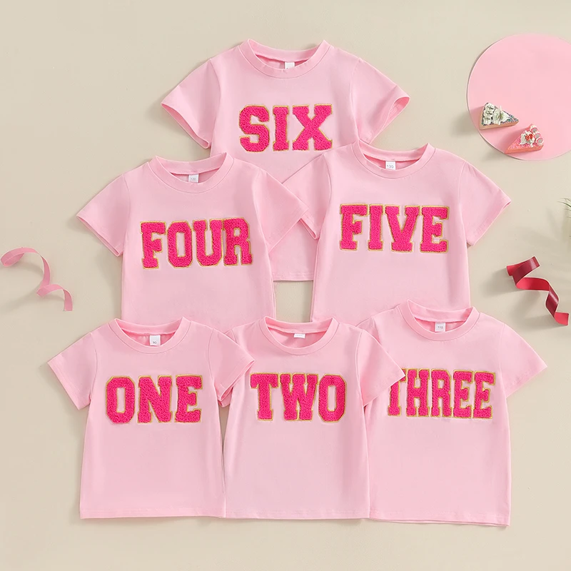 6th Birthday Shirt Girl Short Sleeve SIX Year Old Birthday Shirt Sixth Birthday Letter Chenille Patches Shirt