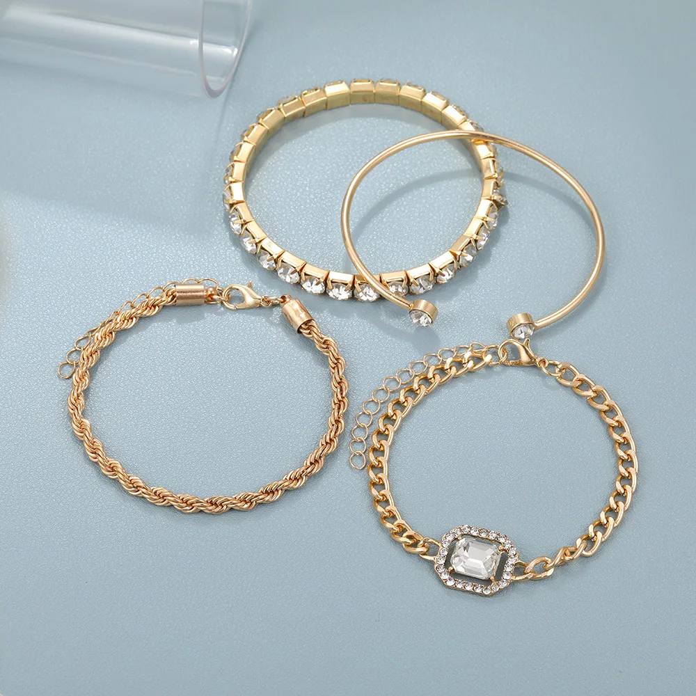 4 Piece Open Bangle Collection with Twisted Rope and Rhinestone for Women Vintage Punk Rock Cuff Bracelet Silver Daily Wear