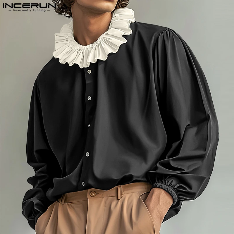 Fashion Well Fitting Tops INCERUN 2024 New Men Contrast Pleated Neck Shirts Casual Streetwear Hot Sale Long Sleeved Blouse S-5XL