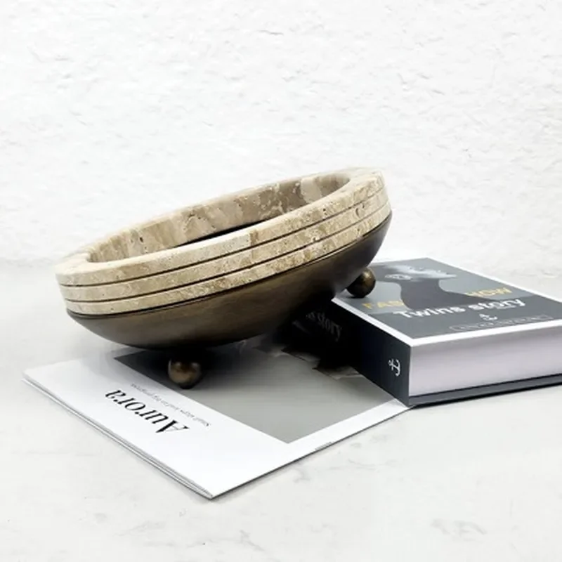 Modern Yellow Travertine Fruit Plate High Footed Metal Tray Luxury Living Room Coffee Table Decor Storage Ornament for Home