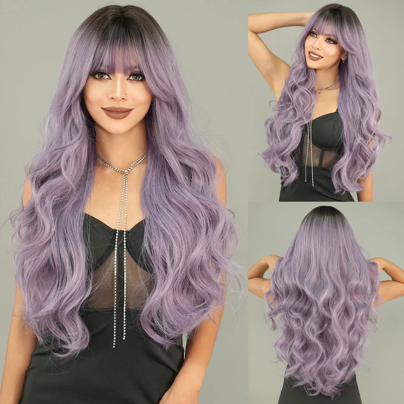 

New European and American style women's , gray-purple long curly hair, top-dyed synthetic fiber machine-made wig