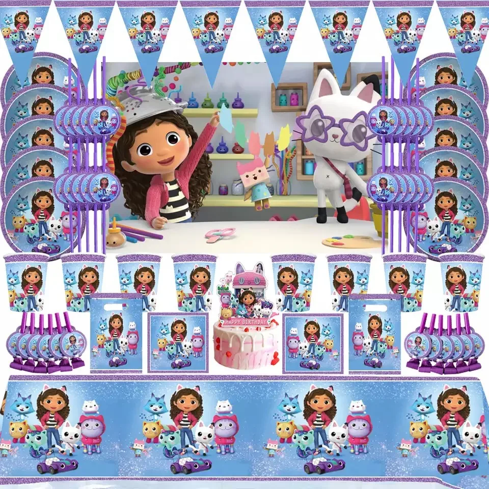 Gabby Dollhouse Gatos Aniversário Decoração Balão Talheres Descartáveis Cat Balões Crianças Gabby Doll House Figuras Party Supplies