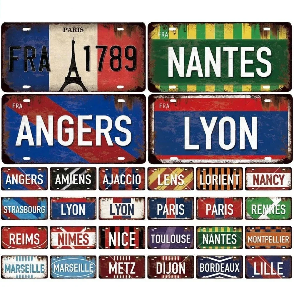 Vintage Frankreich Stadttafel PARIS/LYON/MARSEILLE Flaggen-Poster Metallplakette Aluminiumschild Männerhöhle Garage Club Bar Café Wanddeko
