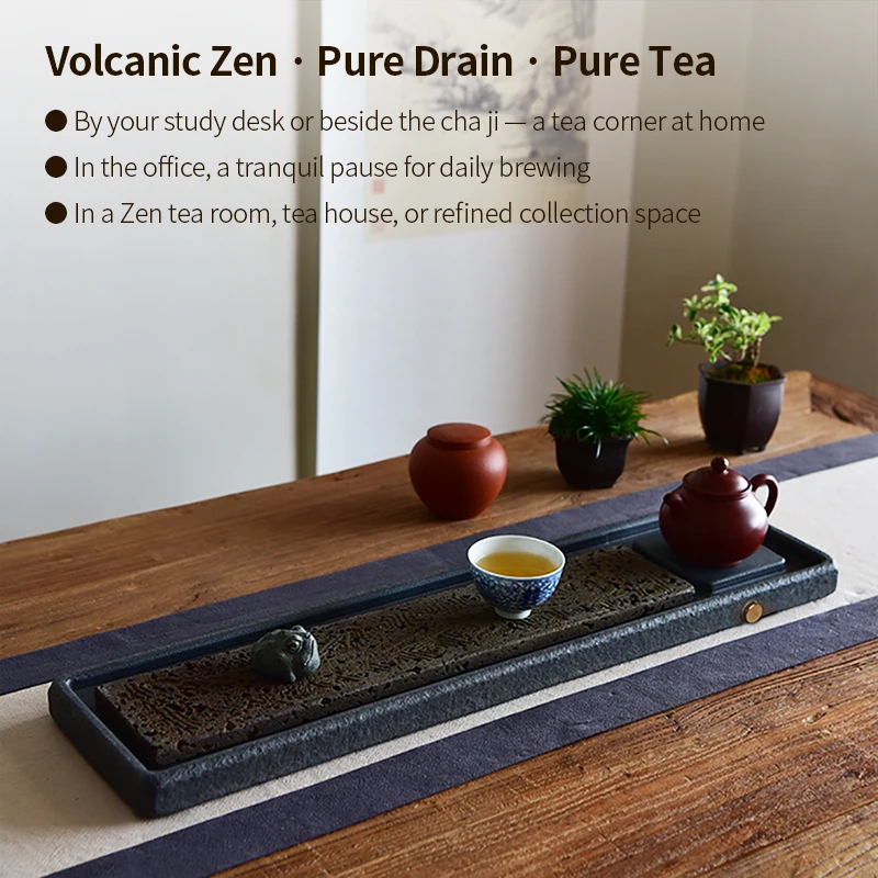 Basalt Tea Tray 60x15cm Detachable Natural Volcanic Stone Hand Carved Dragon Dry Brew Drain Kung Fu Tea Home Decor Festival Gift