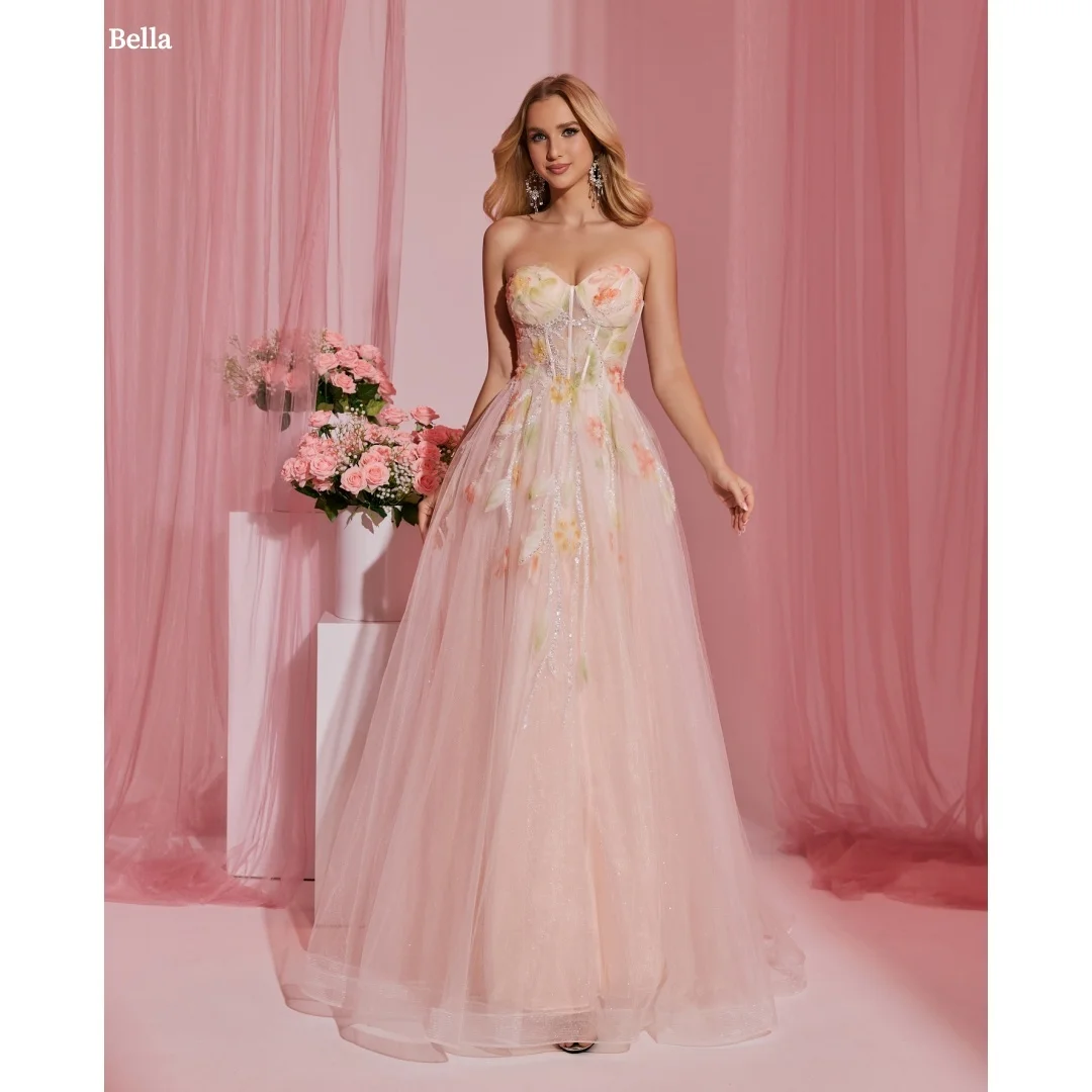 

Bella Customized Pink Beading Flowers robes de soirée Strapless Backless Sleeveless Party Dresses Floor-Length Prom Dress 2025