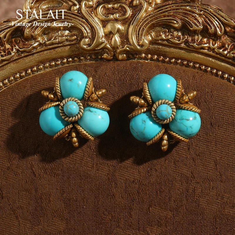 

Luxury Designer Jewelry Blue Turquoise Balls Stud Earrings Vintage Natural Quality 2025 Antique Gold Color Accessories Woman