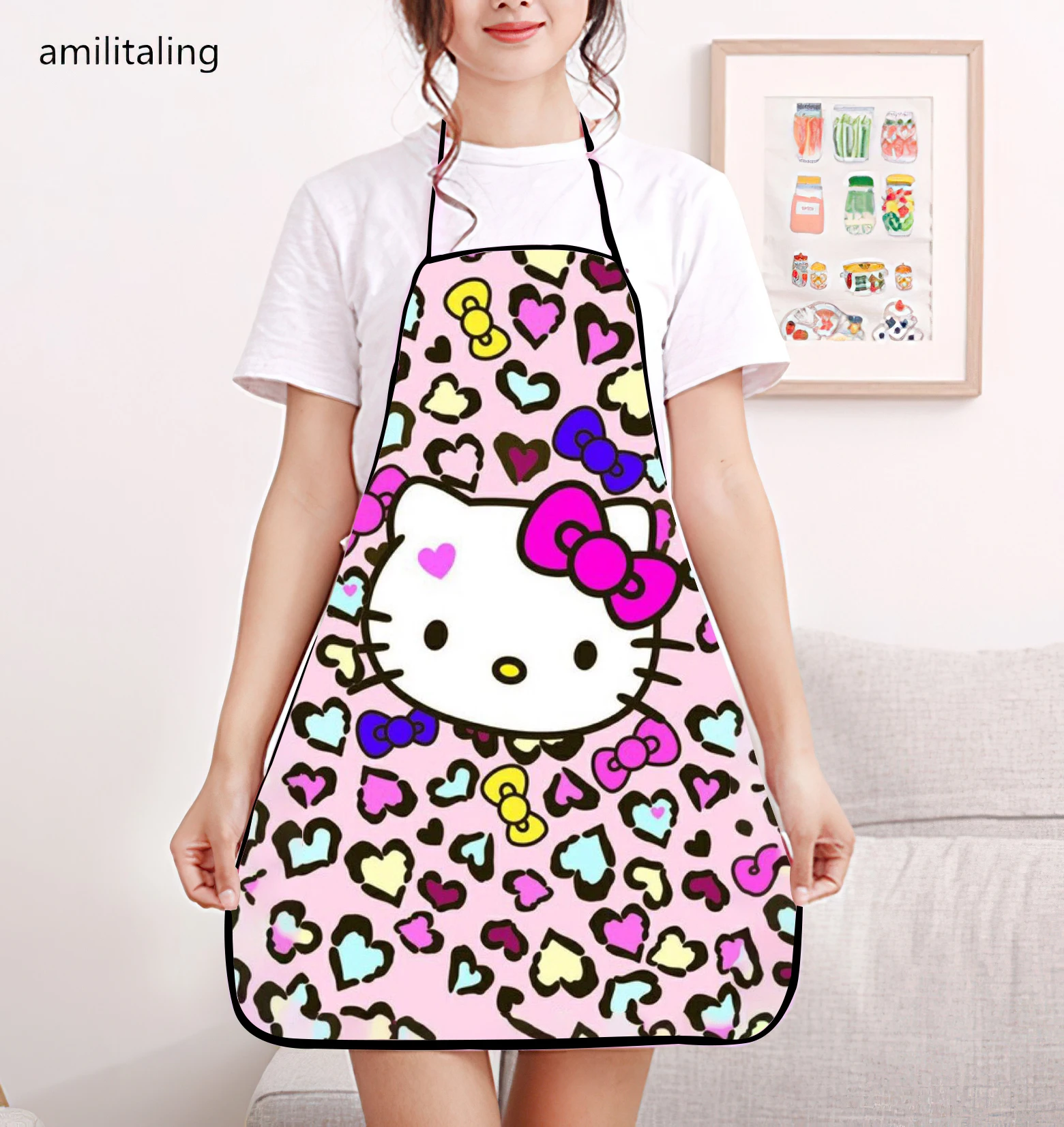 HelloKitty Cute Kuromi Print Bib Apron - Adjustable One Size Design, Waterproof and Durable Polyester Material, Non-Stretch Fabr