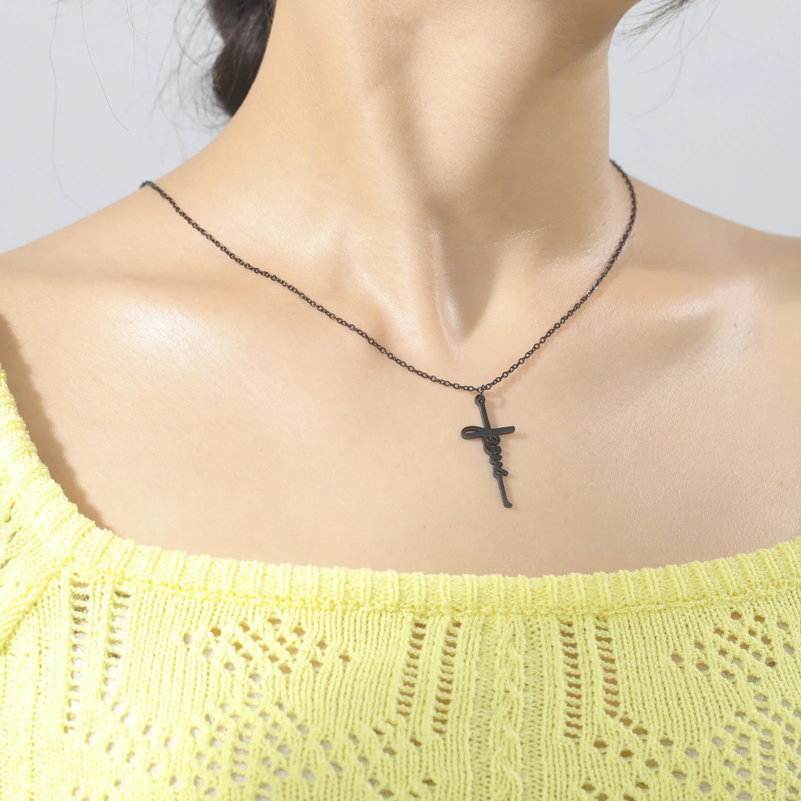 Amaxer Fashion Stainless Steel Alphabet Cross Pendant Necklace Hope Faith Jesus Love Chain  for Women Religious Jewelry