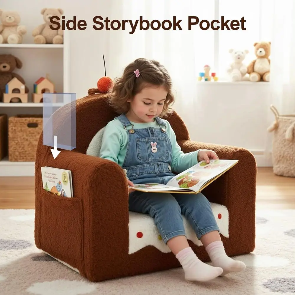 أريكة للأطفال الصغار من قماش شيربا مع جيب للكتاب ومقبض للحمل، مثالية للأعمار من 1 إلى 6 سنوات أو غرفة اللعب أو غرفة النوم، هدية مثالية للفتيات (كيك) #6