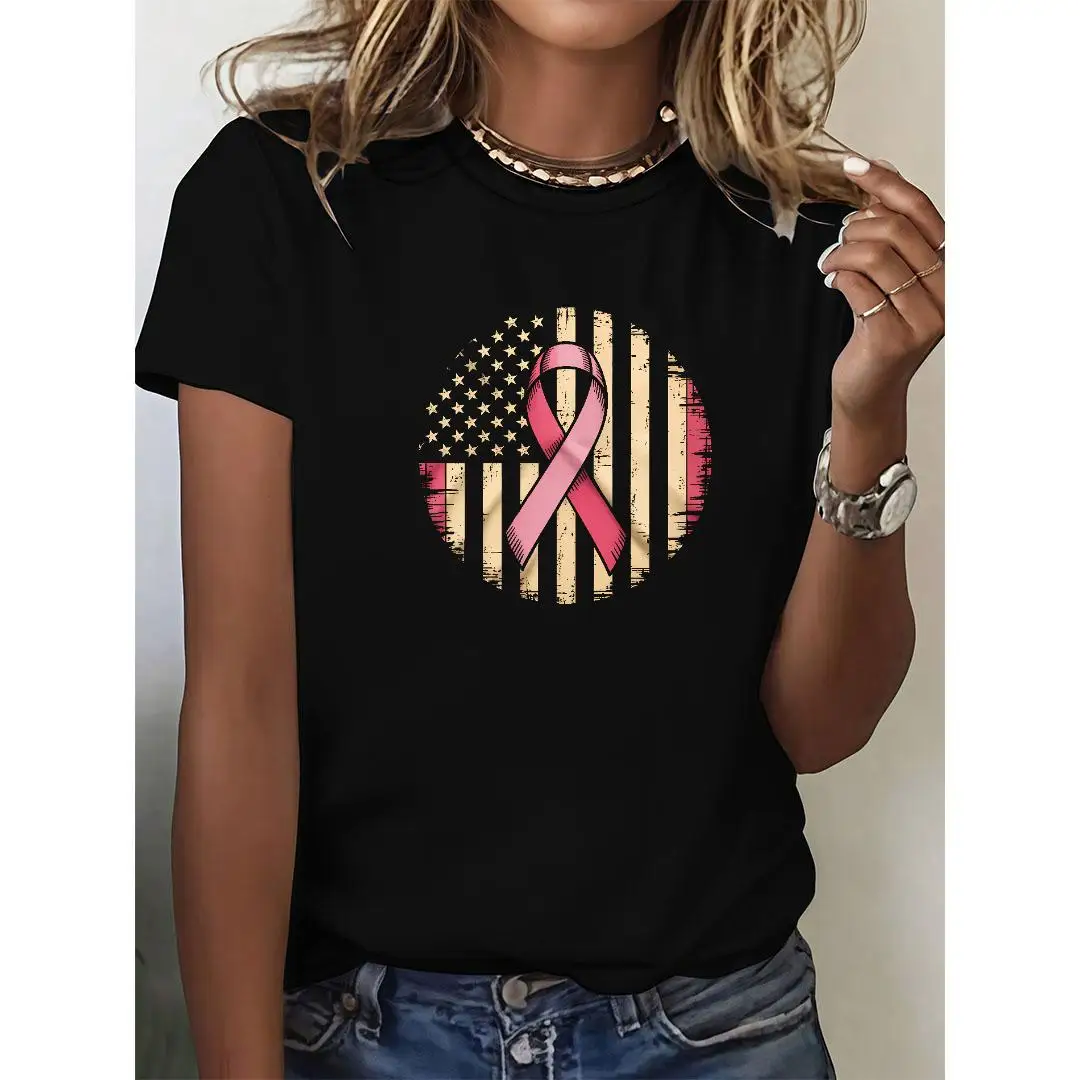 

Pink Ribbon Breast Cancer Awareness Graphic T-Shirt Women’s Vintage USA Flag Print Cotton Tee for Charity Walk or Gift