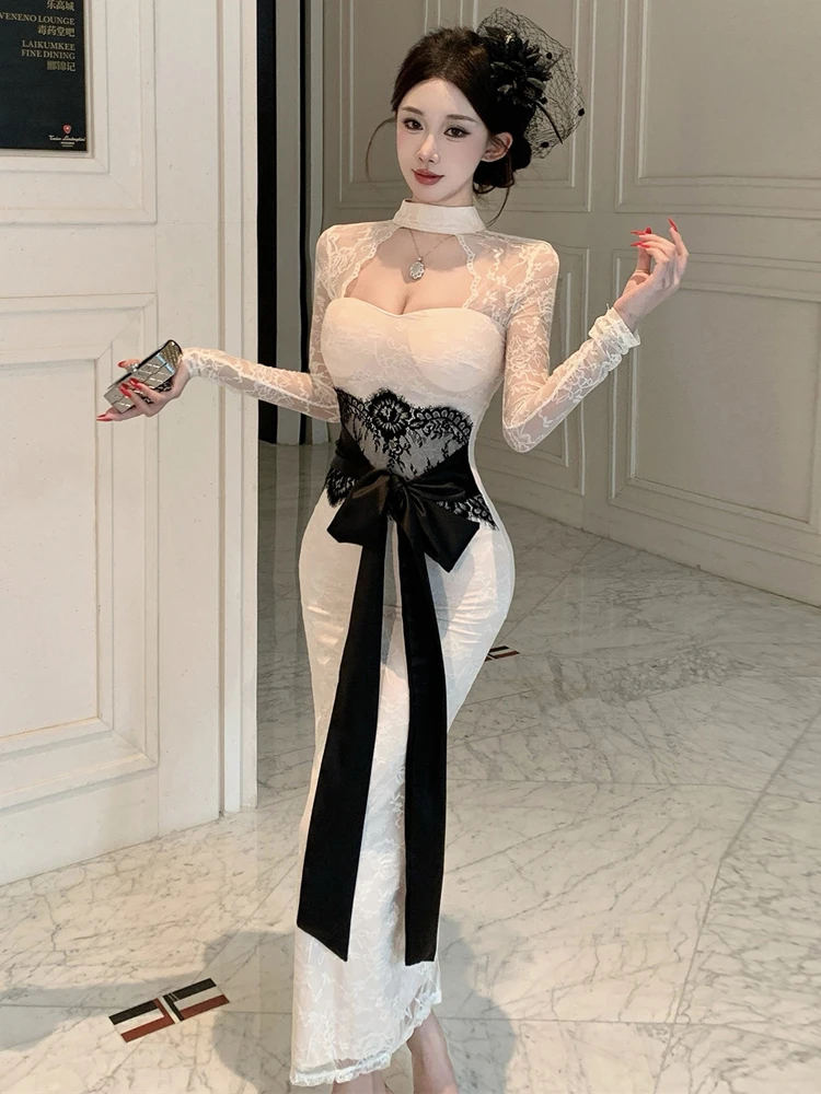 Robe de soirée élégante en dentelle violette pour femmes, moulante, avec nœud, découpes, fente au dos, serrée aux hanches, luxueuse, pour événement, fête, bal de promo