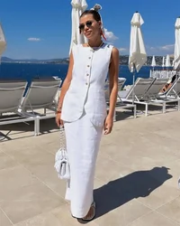 White Cotton Linen Vest Top Long Skirt Two Piece Set Summer Causal Office Lady Single Breaste Sleeveless Top and Skirt Outfits