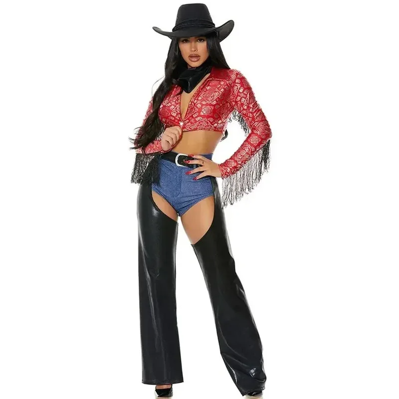 Kostum Koboi Pesta Halloween untuk Wanita Dewasa Kostum Karnaval Seragam Cosplay Koboi Barat Cowgirl Seksi Gotik