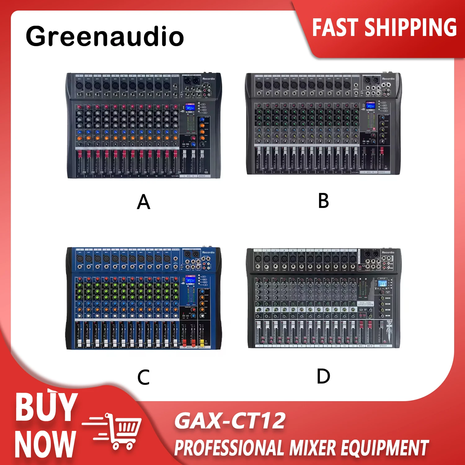 GAX-CT12 Professional 12 Channel Mixer with USB and Bluetooth Stage Performance Phantom Power Mixer Mixing Console