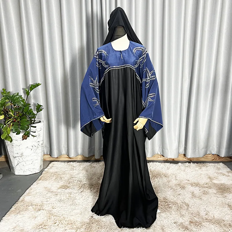 Plus Size Muslim Dress Women Summer Autumn Muslim Long Sleeve Patchwork Diamonds Rhinestone Robes Abaya with Scarf Gowns Outfits