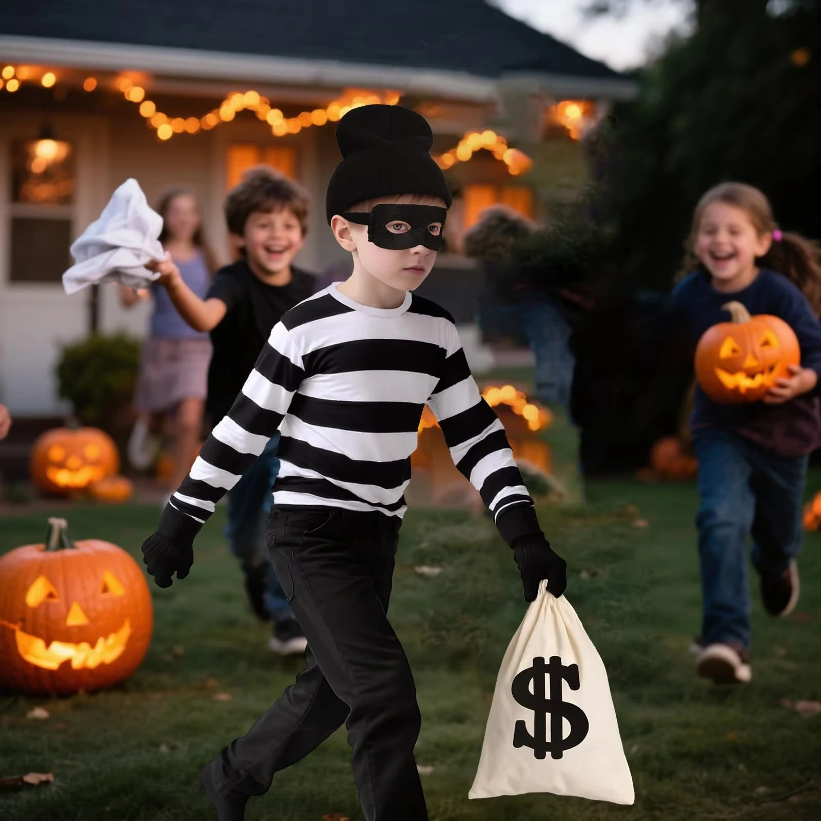 

Movie Convict Thief Cosplay Costume Bank Robber Disguise T-shirt For Adults/Kids Halloween Carnival Party Clothes Role Play Tops