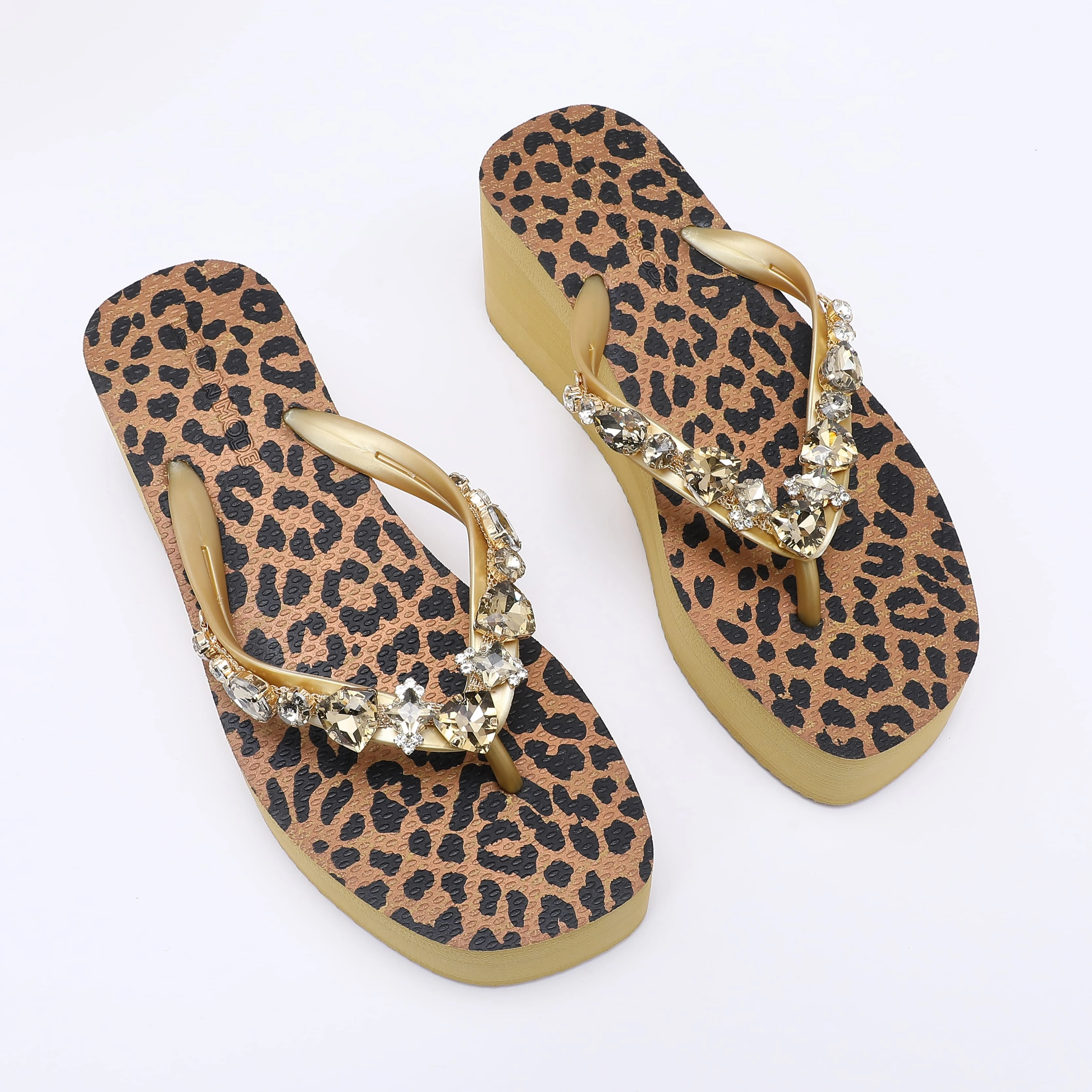 

Leopard Camel Rhinestone Flip Flops with Holographic Bag, Summer Sparkle Platform Sandals