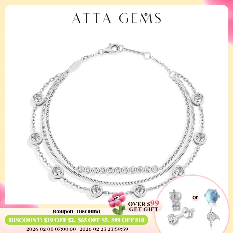 

ATTAGEMS Three Layer Stacking Moissanite Bracelets 925 Sterling Silver Adjustable Women's Bracelet 16+3cm Charming Party Jewelry