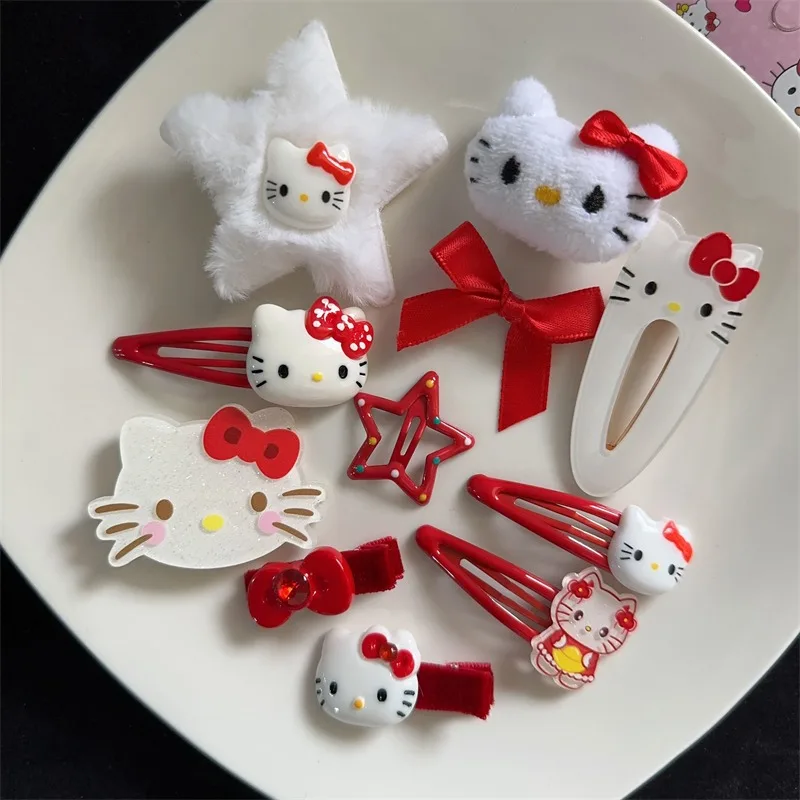 Kawaii Sanrio Hello Kitty Hair Clip Set Cartoon Cute Girls Ornaments Anime Accessories Hair Circle Headdress Bow Hairclips Gifts