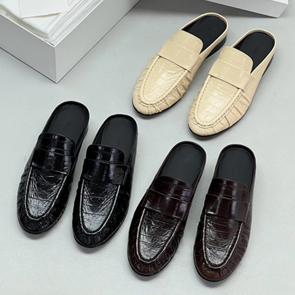 

Jenny&Dave French Elegant Lazy Mules Shoes Flats Shoes With Minimalist Pleats Wrinkles Woman Shoes Shoes For Woman Loafers Slipp